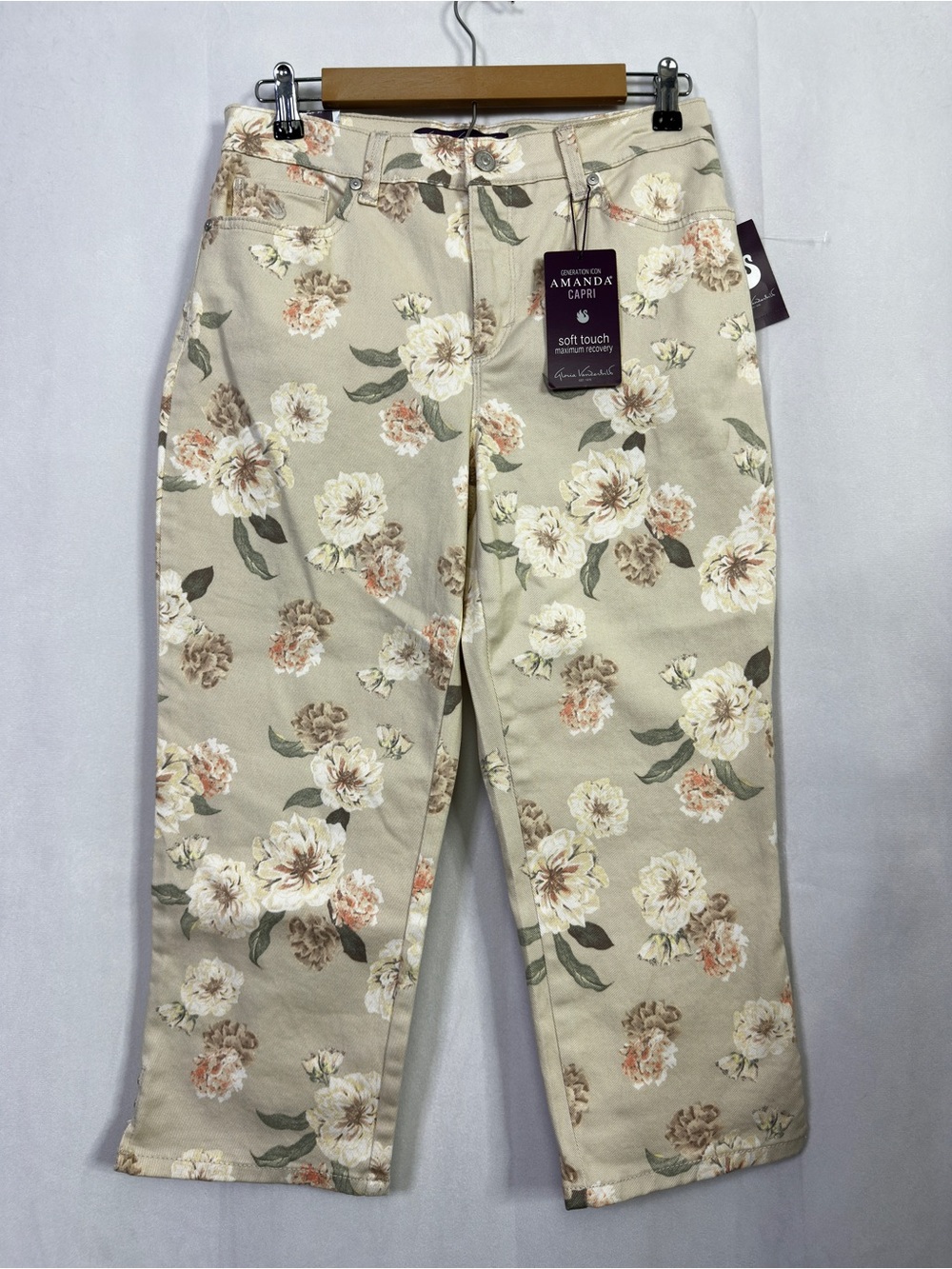 Gloria Vanderbilt Amanda Capri Pants Floral Womens 6 Cream Denim Casual Cropped